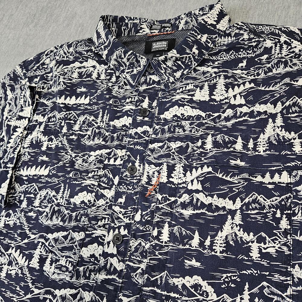 Alaskan Hardgear Shirt Mens 3XL Blue Camp Scene Untucked Vented Short Sleeve